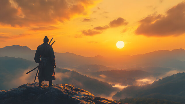 A legendary samurai overlooking a vast valley his katana resting on his shoulder as the sun sets behind him.