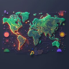 Futuristic world map in neon colors showcasing data and connectivity across continents.