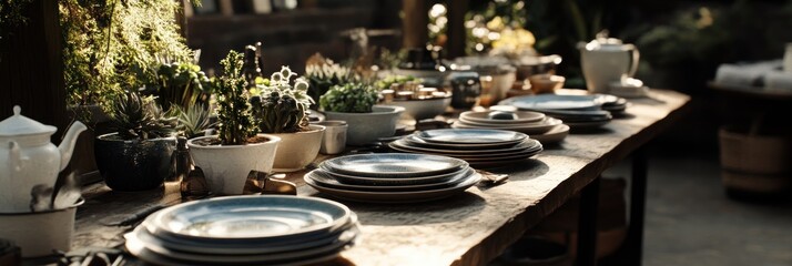 Fototapeta premium Rustic outdoor table setting with stacked plates, succulents, and teapots.