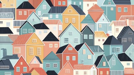 Fototapeta premium Vibrant and colorful illustrated houses in a repeating pattern.