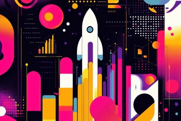 Obraz premium Dynamic Abstract Illustration of a Rocket Ship Launching Against a Bold, Colorful Space-Themed Backdrop with Creative Bar Graph Elements