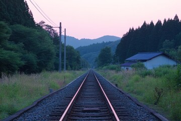 Fototapeta premium Tranquil Railway Track Winding Through Lush Green Mountains