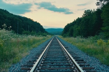 Obraz premium Railroad Tracks Leading Through Lush Green Mountains