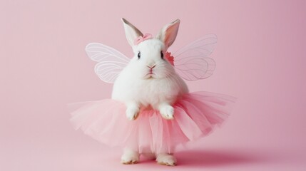 A white rabbit in a tutu and fairy wings hops playfully, showing off its cute outfit