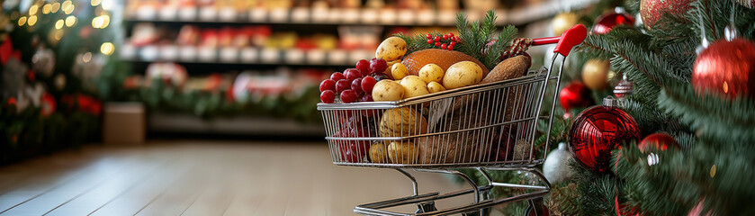 Well organized shopping cart in a grocery store