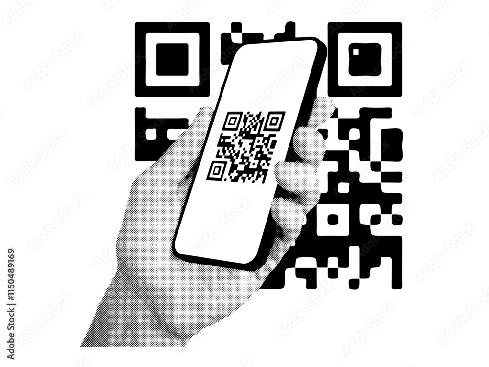 Poster QR code scan. Abstract digital pattern displayed on a smartphone screen, held in hand for quick access, payment, or sharing. Vector illustration isolated on white background.