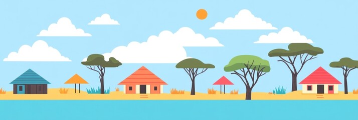 Colorful beach houses under sunny sky.