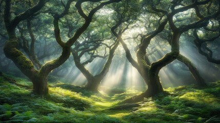 Sunbeams illuminate a mystical forest with moss-covered trees and ferns.
