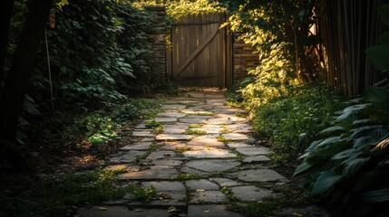 Sunlit stone path leads to wooden gate in lush garden.