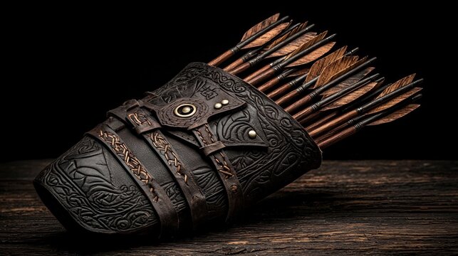 Ornate leather quiver full of arrows rests on dark wood.