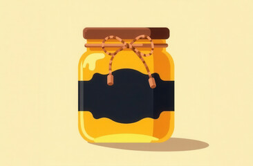 transparent jar with yellow honey tied or oil with a rope and with a black label with a place for text, yellow background, illustration