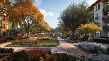 Obraz premium Autumnal Pathway: A Serene Residential Escape