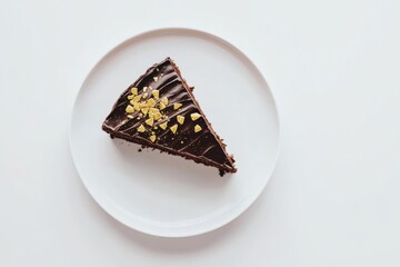 Chocolate cake slice garnished with golden nuts on a white plate
