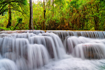 Luang Prabang, Laos. Waterfalls Kuang Si. Travel and tourism in Asia. Beautiful and largest park...