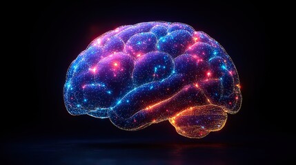 A human brain with neon connectivity illustrates ideas and creative thinking; this art represents intelligence, information processing, and neuro patterns