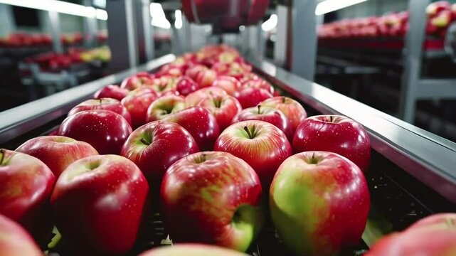 Close-up of red apples moving on a conveyor belt in a factory.
