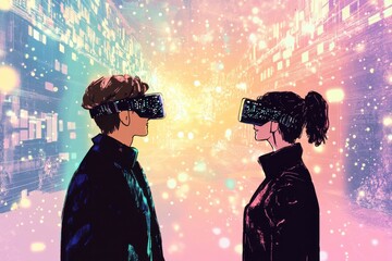 Engaging Avatars in a Virtual Meeting Space with Playful Cartoon Style Illustration and Vibrant Glowing Tones in a Futuristic Environment