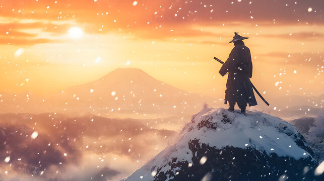 A lone samurai standing on a snowy mountain peak his katana glinting in the cold sunlight as wind carries snowflakes around him.