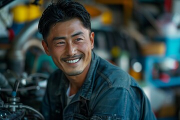 A skilled mechanic smiles while working, showcasing dedication and passion for his craft in a busy workshop.