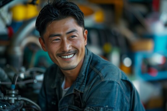 A skilled mechanic smiles while working, showcasing dedication and passion for his craft in a busy workshop.