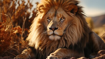 Fototapeta premium Majestic African Lion in Golden Hour Light