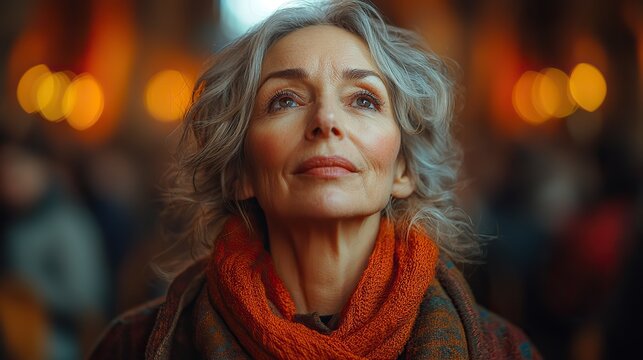 A mature woman praying with hands raised in a church, expressing worship and gratitude