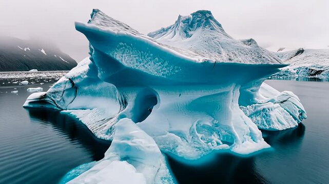 Witness the breathtaking beauty of a massive glacial iceberg surrounded by tranquil Arctic waters, displaying stunning icy formations and vibrant blue hues. A perfect example of nature's artistry