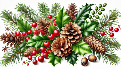 Realistic Christmas Holly Leaves, Red Berries, and Pinecones on a White Background
