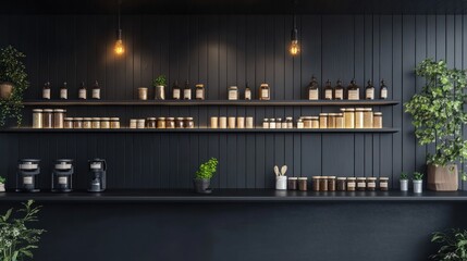 Dark interior shelves with jars, bottles, and plants.