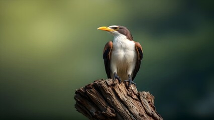 Fototapeta premium Bird with Brown and White Plumage Perched on Weathered Wooden Stump
