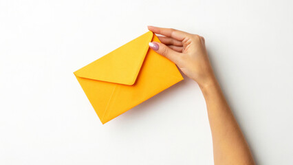 A hand with manicured nails holds a bright yellow envelope against a plain white background. The bright color of the envelope contrasts with the simplicity of the setup. AI generated.