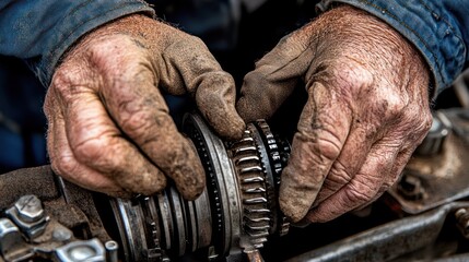 Obraz premium Close-up of dirty hands in work gloves meticulously repairing a gear system.