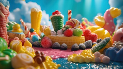 Whimsical candy landscape with colorful sweets,  gummy treats, and sugary delights arranged in a dreamy scene.
