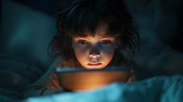 A child watches a phone / tablet screen in the dark - Dangers of the internet and social media - Powered by Adobe