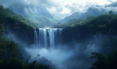 Fototapeta premium a rainforest waterfall shrouded in mist during twiligh