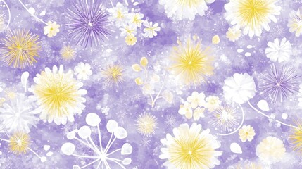 Watercolor floral pattern with yellow and white flowers on a purple background.