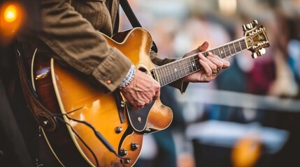 Obraz premium Close-up of musician's hands playing a sunburst hollow-body guitar on stage.