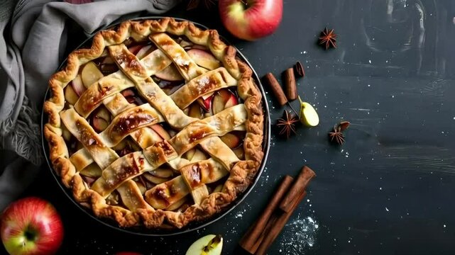 Homemade apple pie with cinnamon and anise stars on dark background.