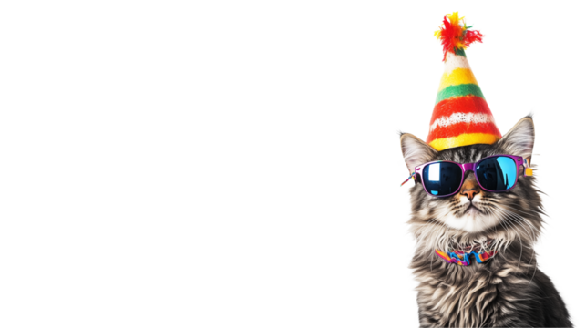 Photograph of a cute cat wearing a colorful hat and sunglasses , isolated on Transparent PNG format Background.