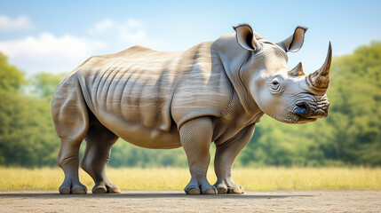 Realistic illustration of a rhinoceros standing in a grassy field under a clear blue sky
