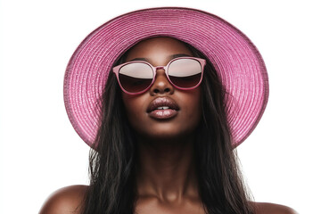 Fototapeta premium Beautiful african woman wearing pink sunglasses with a pink hat, isolated on a white background