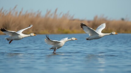 Fototapeta premium Three White Geese in Flight Over a Blue Lake