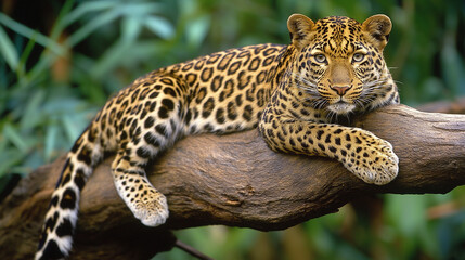 Fototapeta premium Leopard resting lazily on a branch with a serene expression in a lush environment