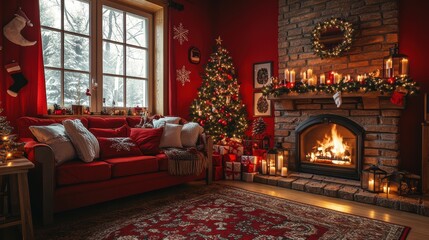 Obraz premium A cozy Christmas-themed living room with a warm fireplace, twinkling candles on the table, and colorful decorations, lanterns, Christmas posters, a moon outside the window, red walls, wooden furniture