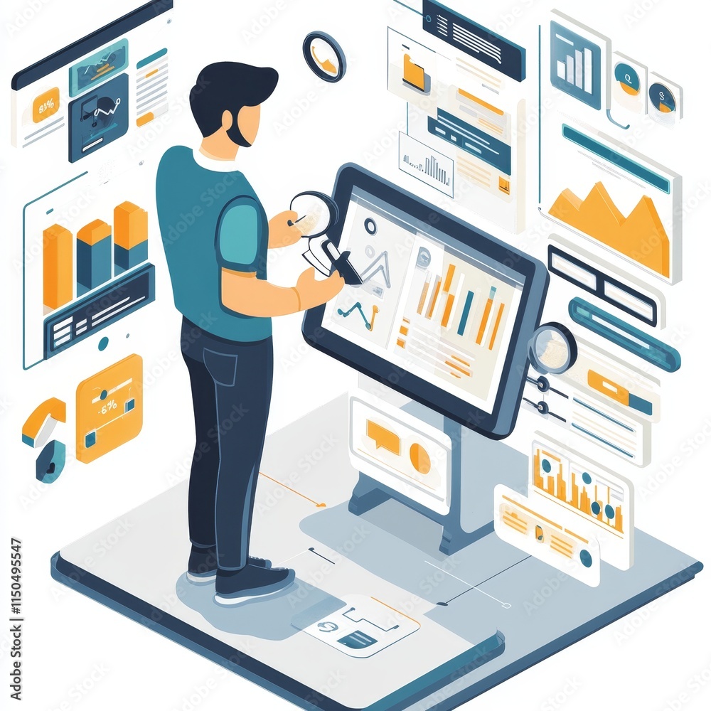 Poster data analyst working with digital analytics tools in a modern office environment with charts and gra
