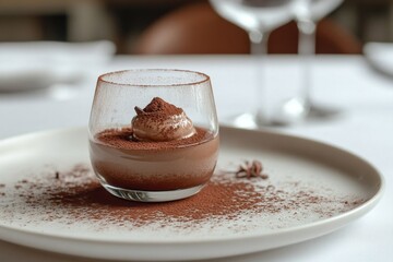 Decadent chocolate dessert served in a glass with cocoa powder on a white plate at a luxurious restaurant
