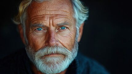 A portrait of a senior man with a vintage mustache and beard against a dark background, representing retirement, memories, sentimental emotions, aging, and veteran experiences