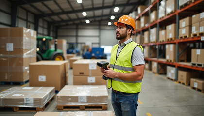 Warehouse worker in safety vest and helmet holding a barcode scanner in a distribution center