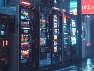 Row of illuminated vending machines on rainy night in cyberpunk city
