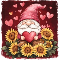 A Valentine's Day gnome wearing a pink hat, holding a heart, surrounded by vibrant sunflowers and floating hearts, set against a rich red textured background